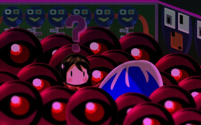 character surrounded by red eyes