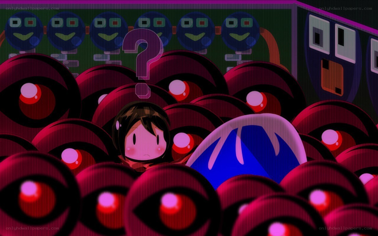 character surrounded by red eyes
