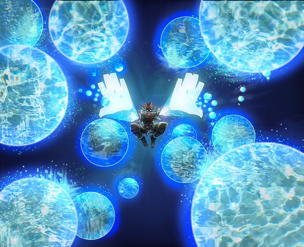 character surrounded by water orbs