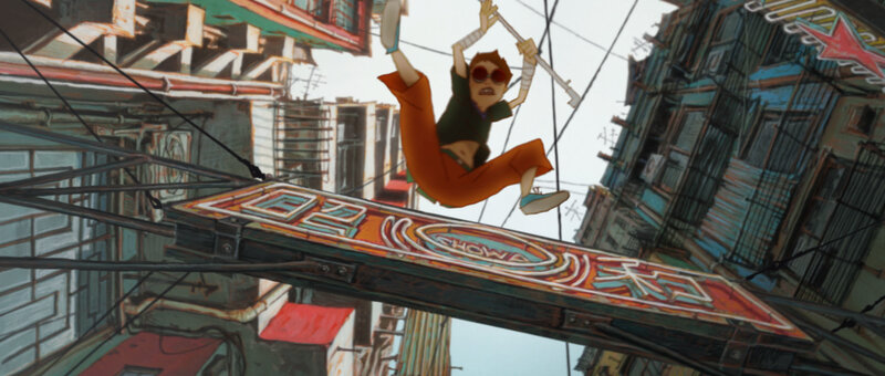 character swinging on a wire