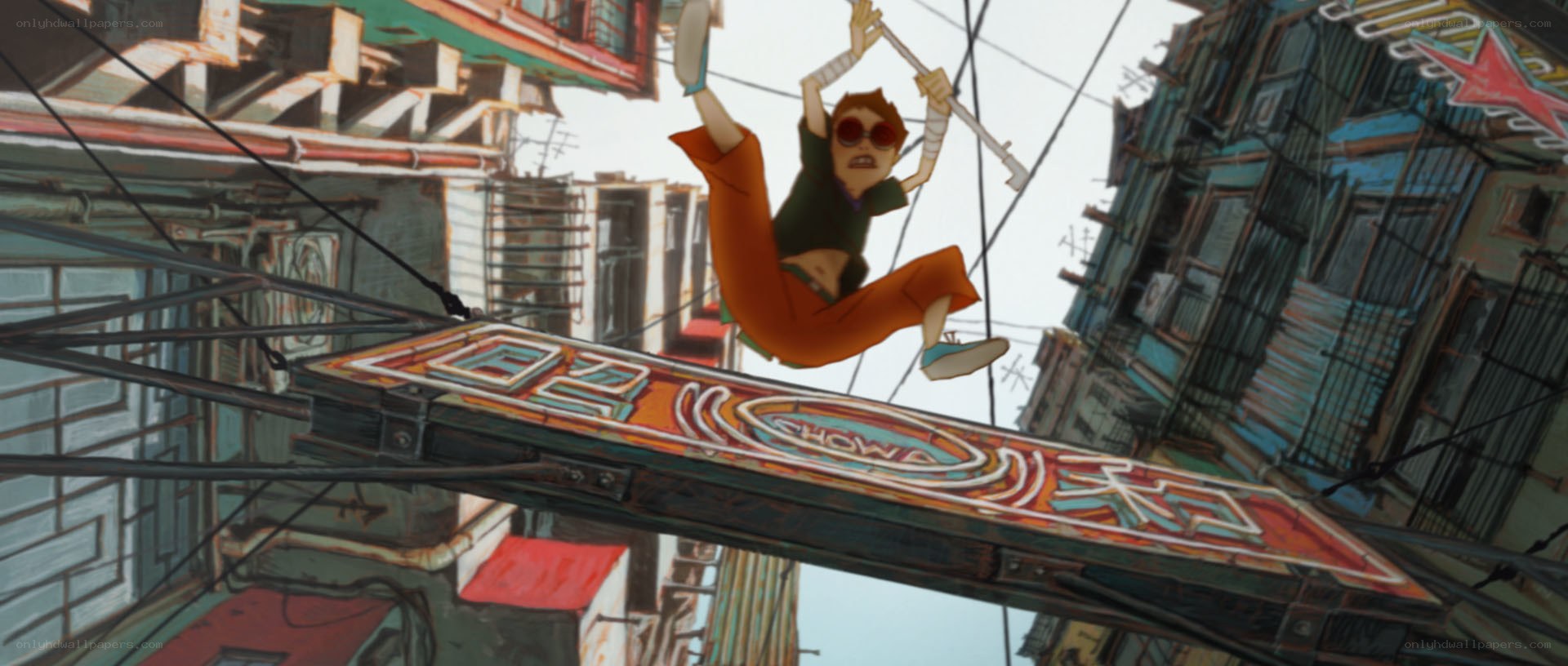 character swinging on a wire