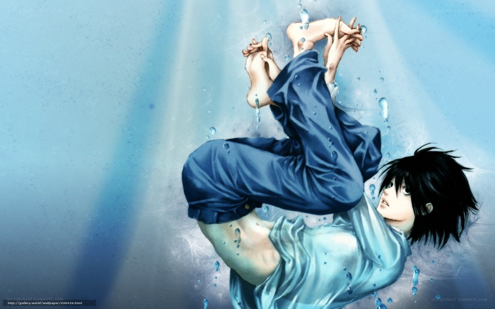 character underwater in blue clothes