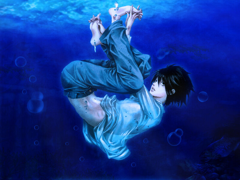 character underwater in blue