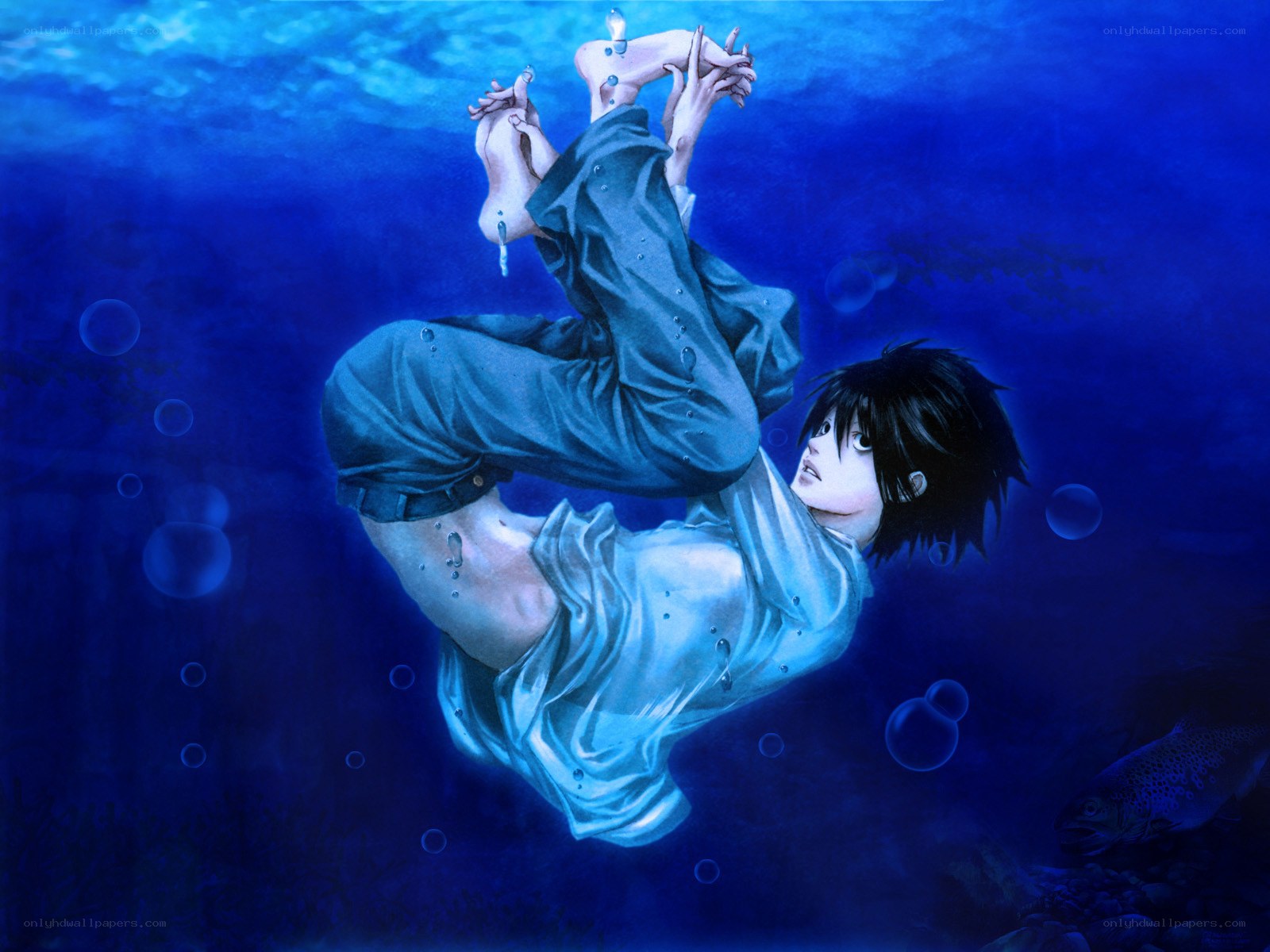character underwater in blue