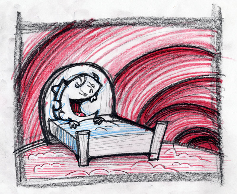 character waking up in bed