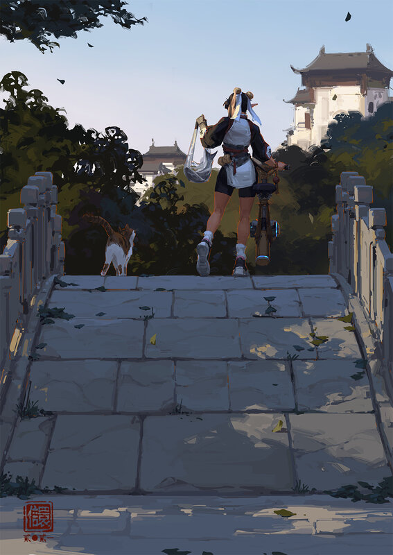 Character Walking on Bridge — Gray