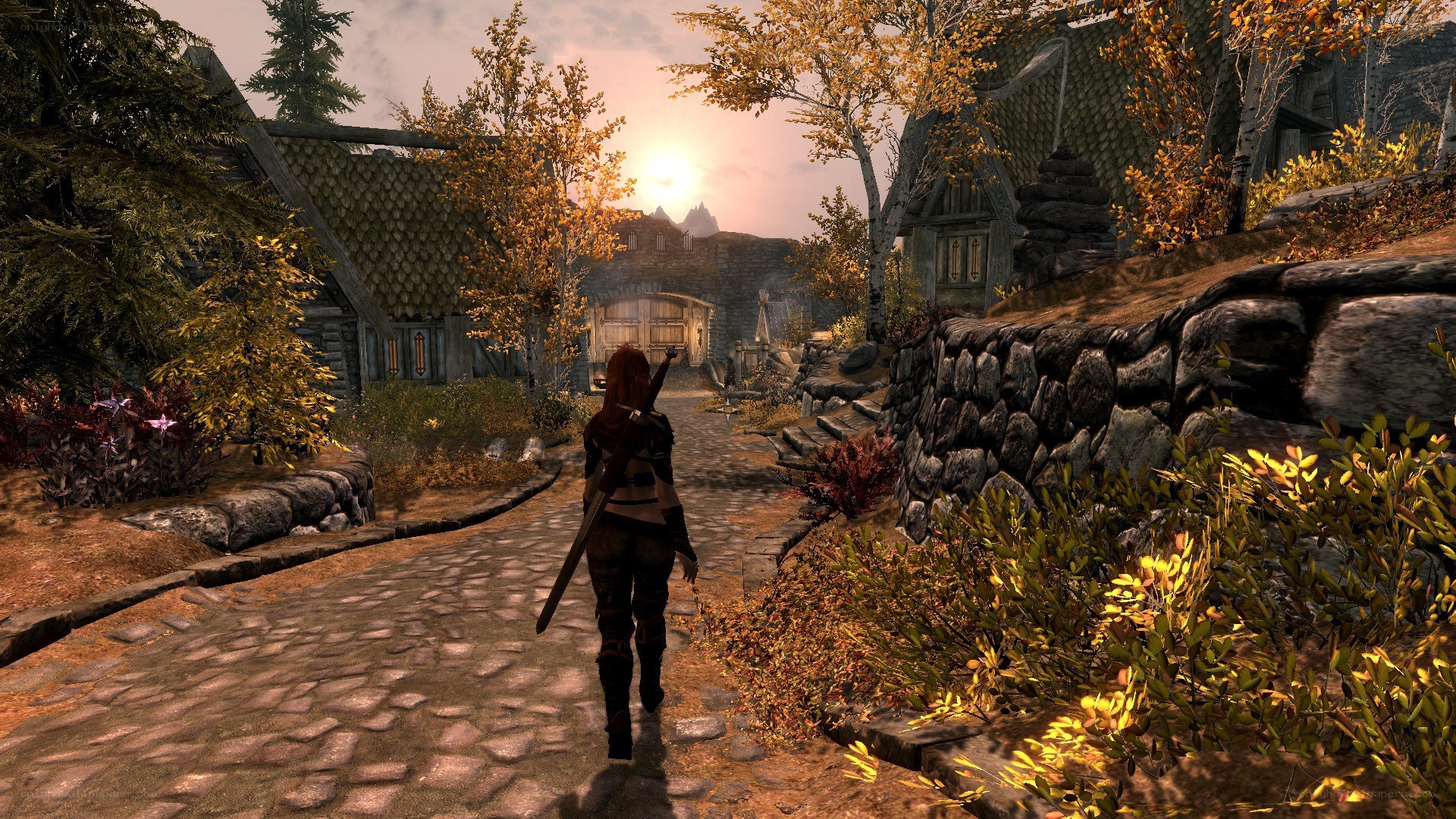 character walking through village