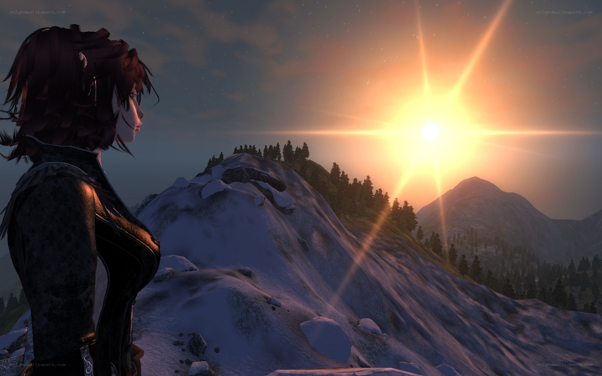 Character watching sunrise on mountain