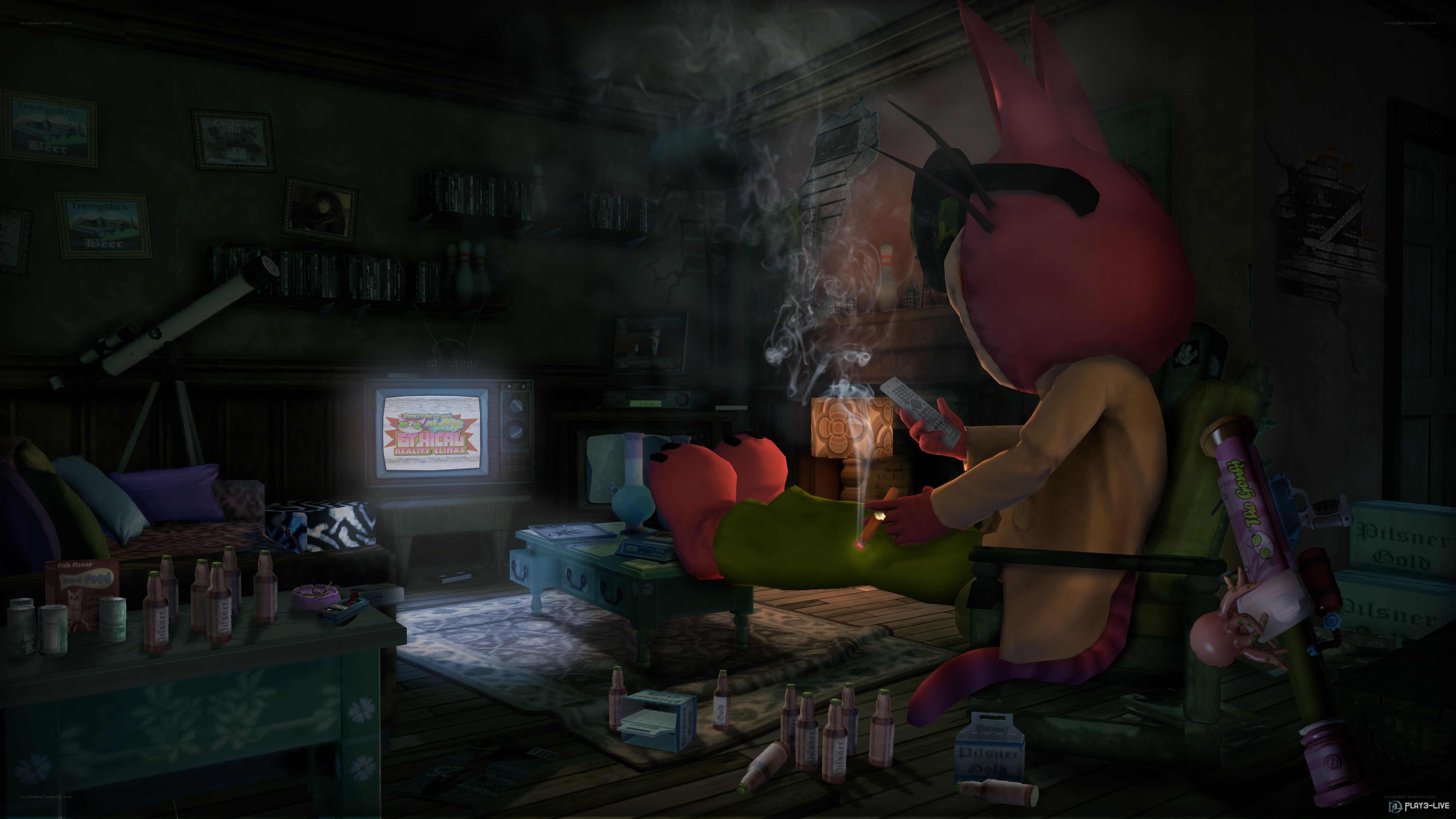 character watching TV in cluttered room