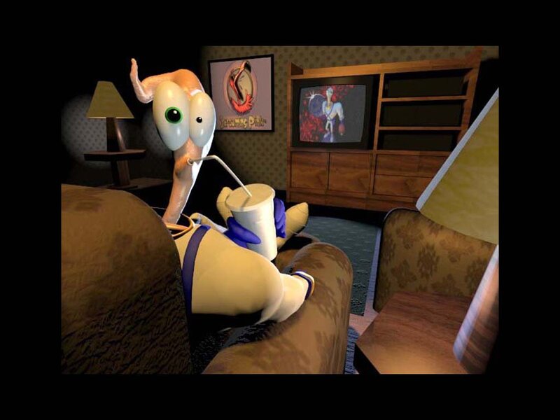 character watching TV in living room
