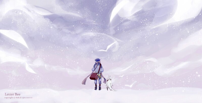 Character with a fox in a snowy landscape