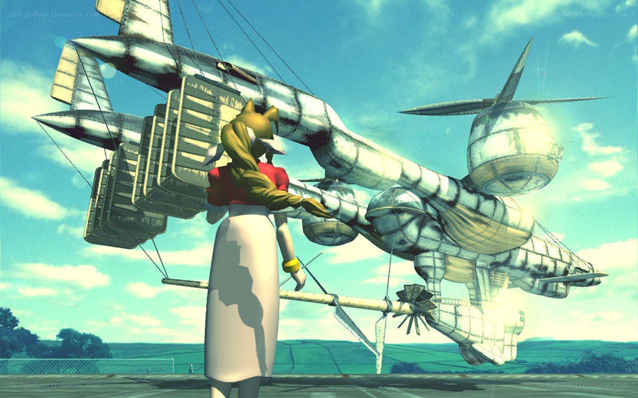 character with airship in sky