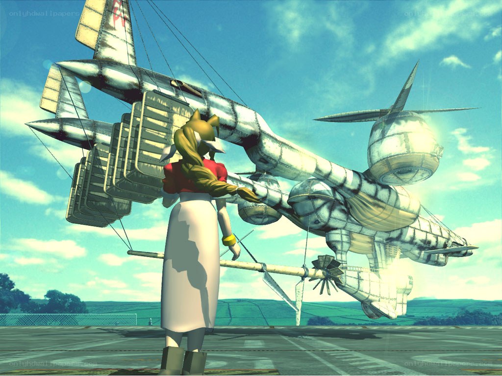 character with airship in sky