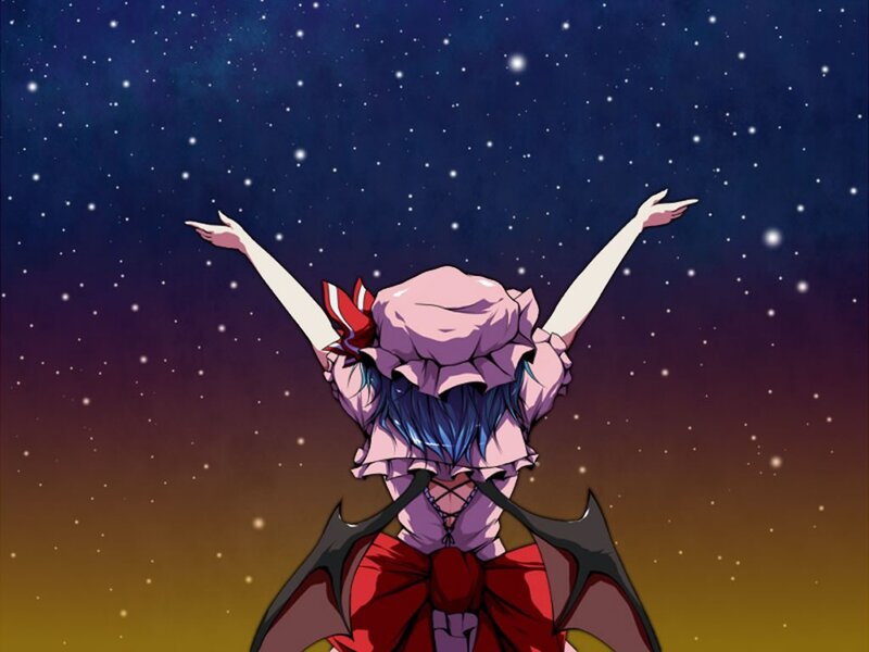 character with arms raised under stars