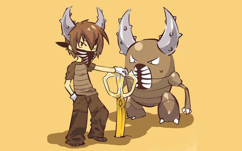 character with beetle companion
