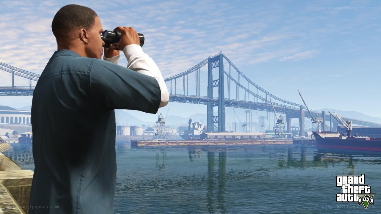 character with binoculars by harbor