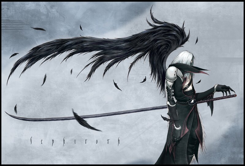 Character with Black Wings — Dramatic, Digital Art, Sword, Feathers, Armor