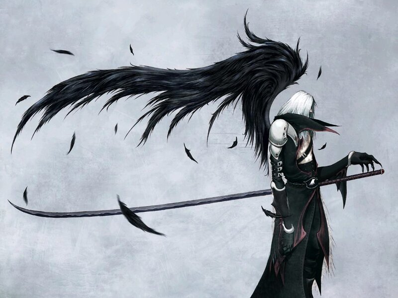 Character with Black Wings — Dramatic, Digital Art, Sword, Feathers, White Hair