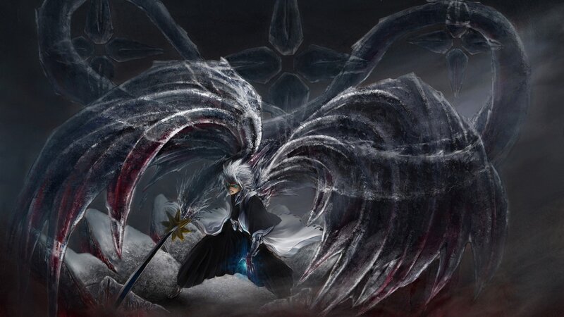 Character with Black Wings — Dramatic, Digital Art, Sword, Rocks