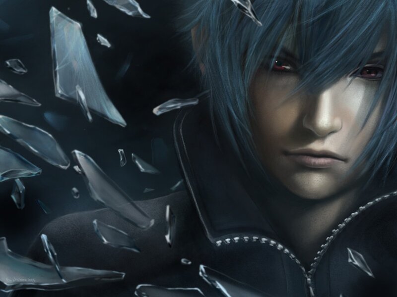 Character with blue hair and red eyes