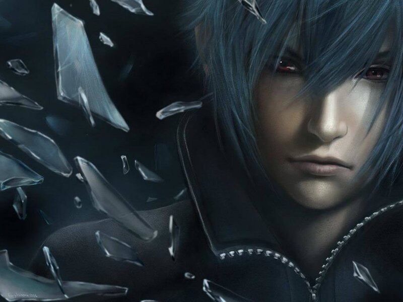 character with blue hair and red eyes