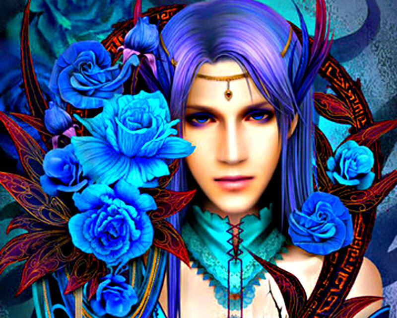 Character with Blue Hair — Dramatic, Digital Art, Blue Roses