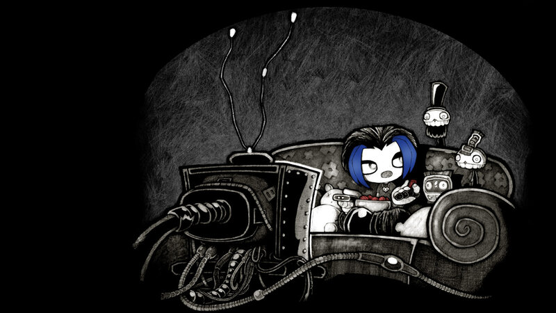 character with blue hair on a couch