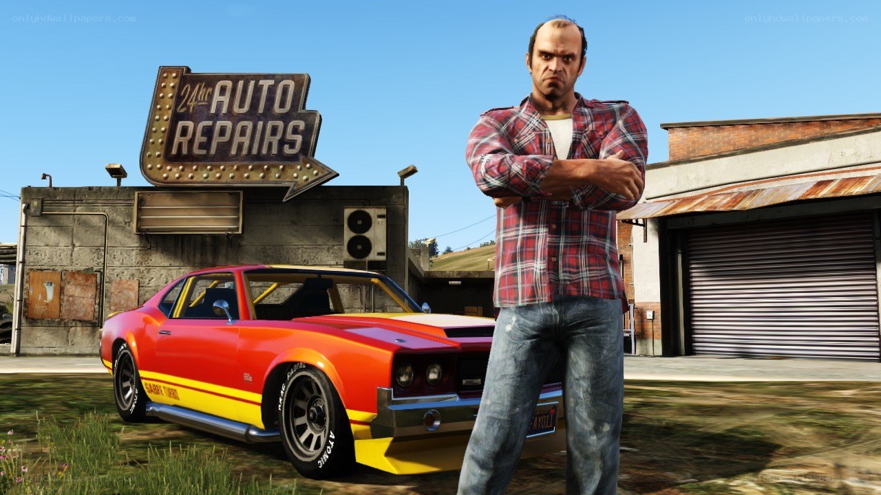 character with car at auto shop