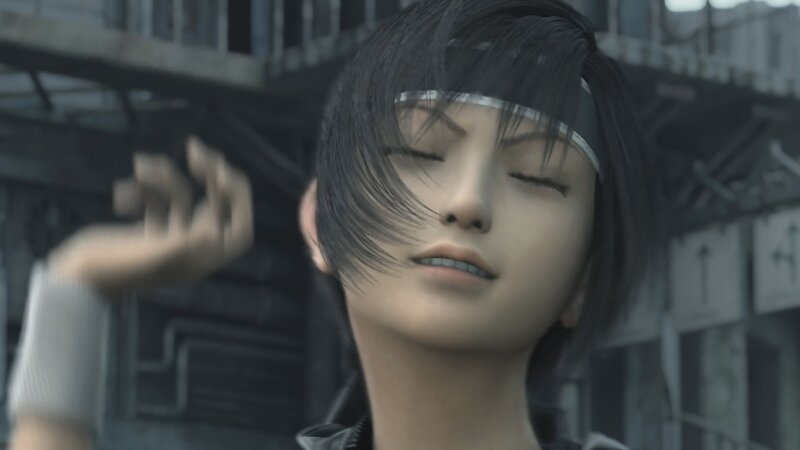 character with closed eyes in city