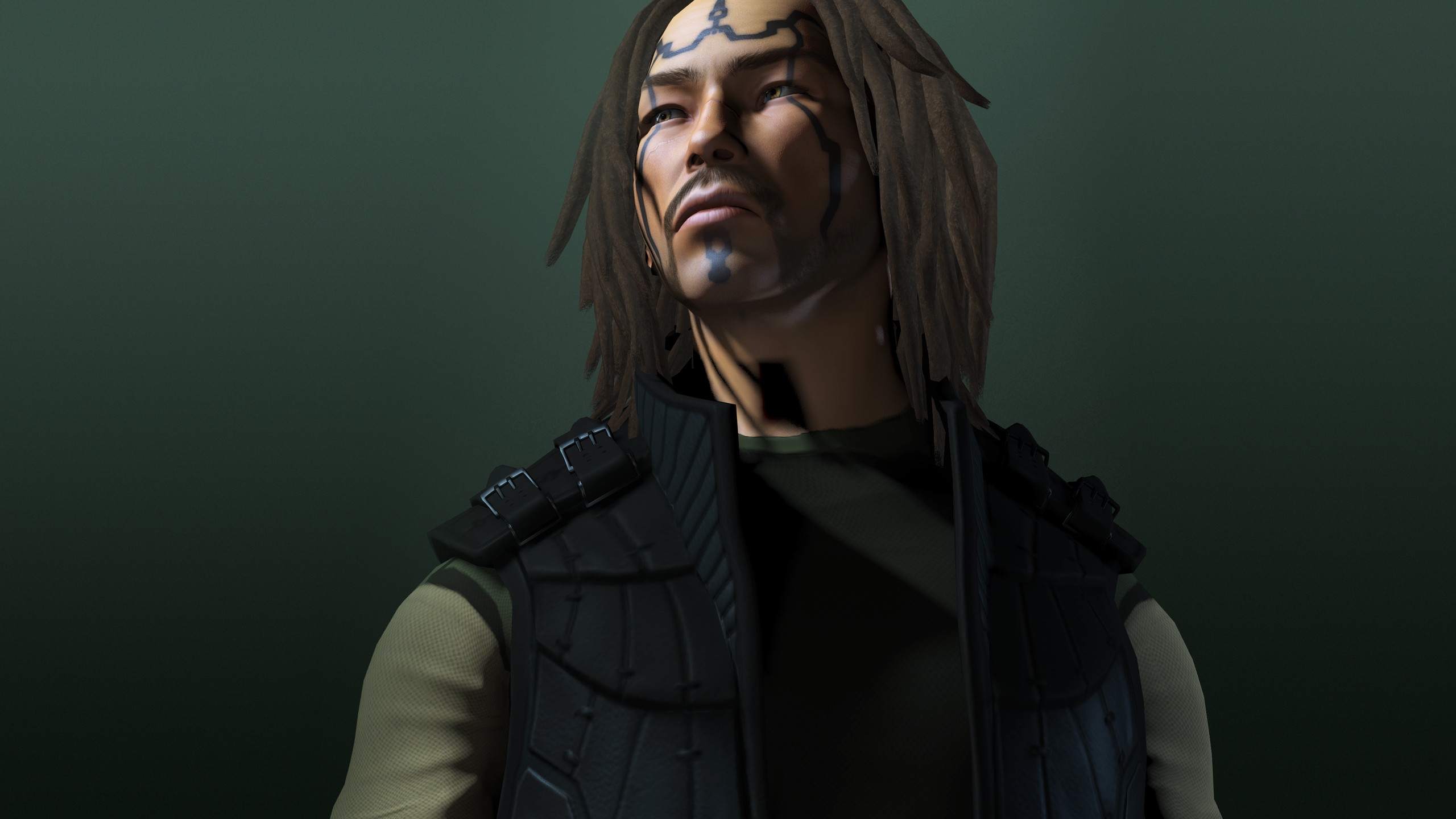 character with face paint and dreadlocks