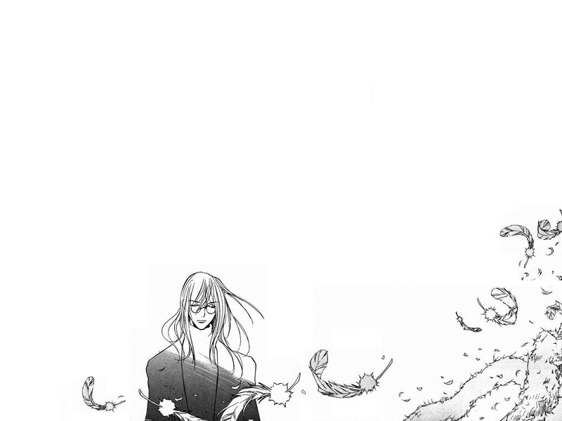 character with feathers floating