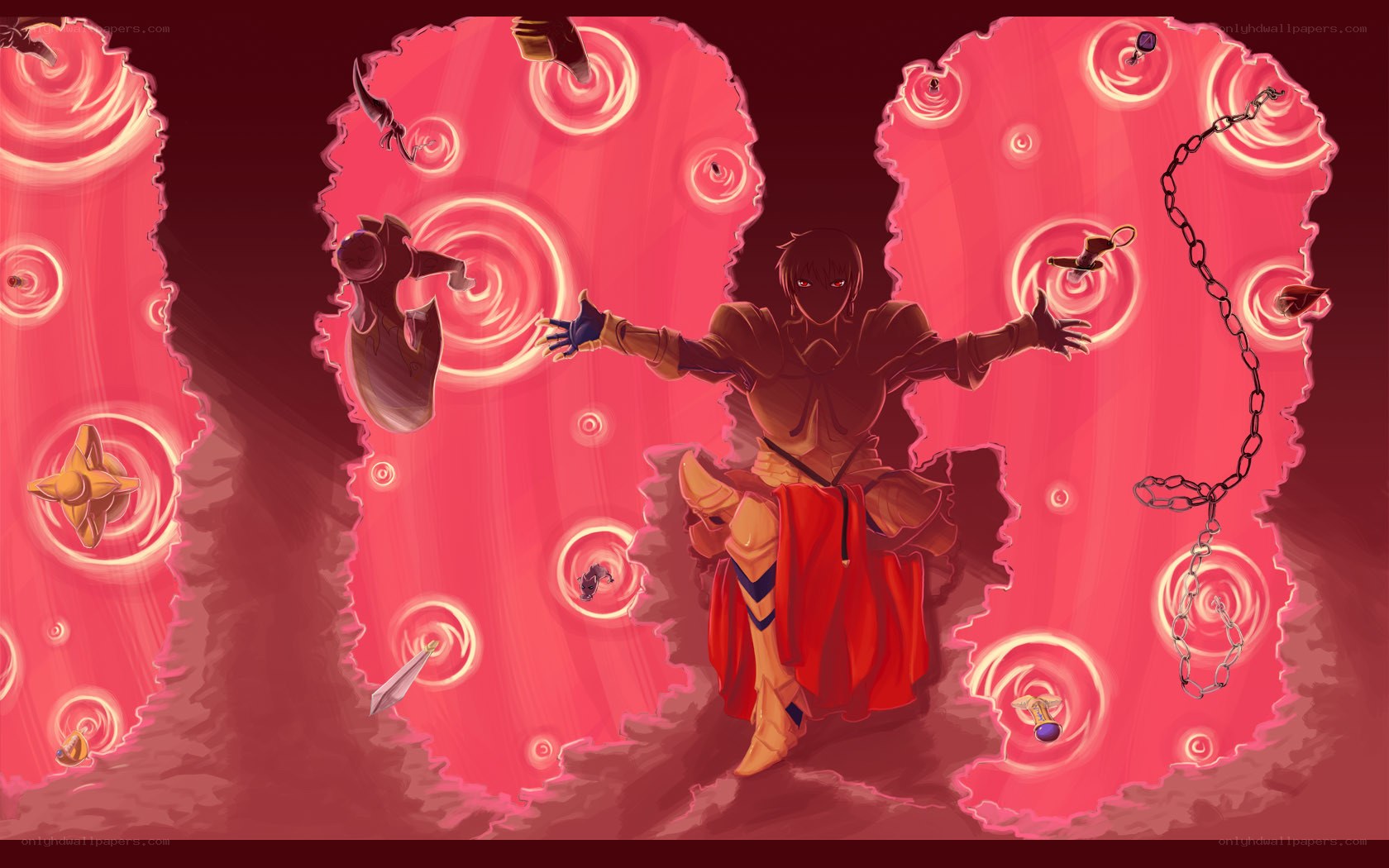 character with floating weapons
