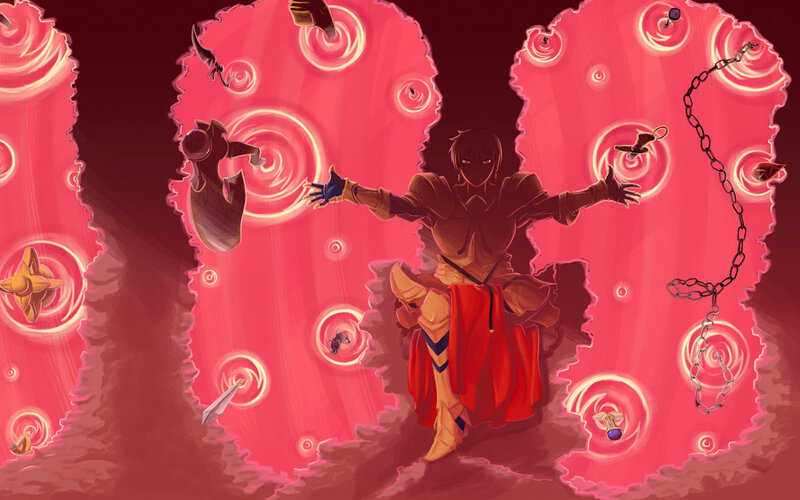 character with floating weapons