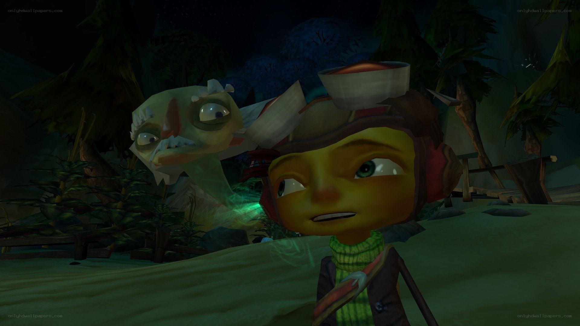 character with ghost in forest