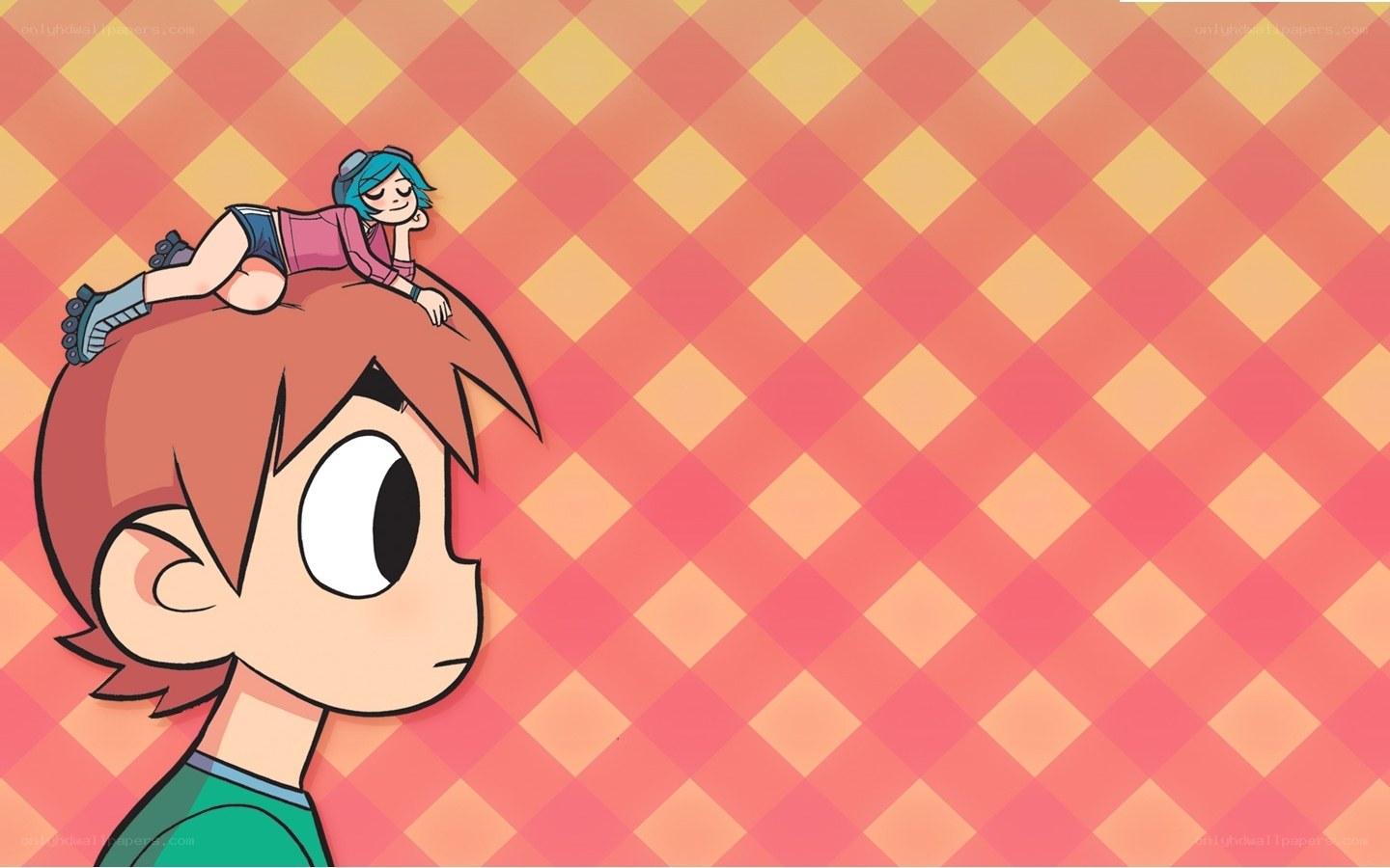 character with girl on head
