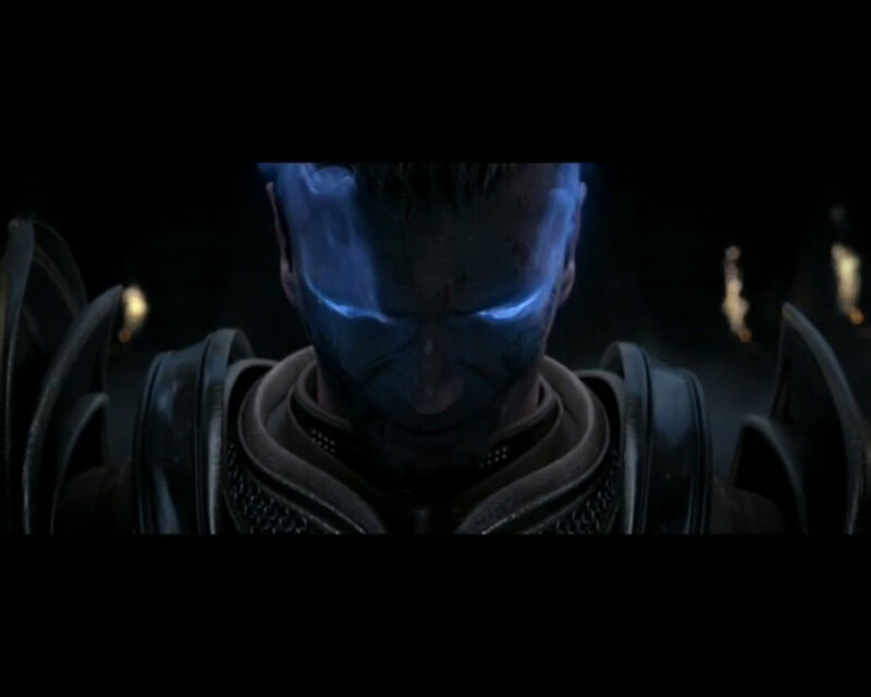 character with glowing blue face