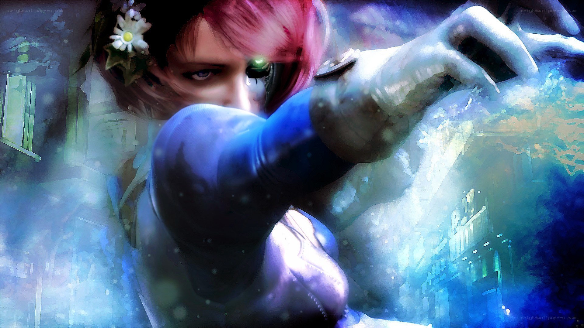 character with glowing eye and flower