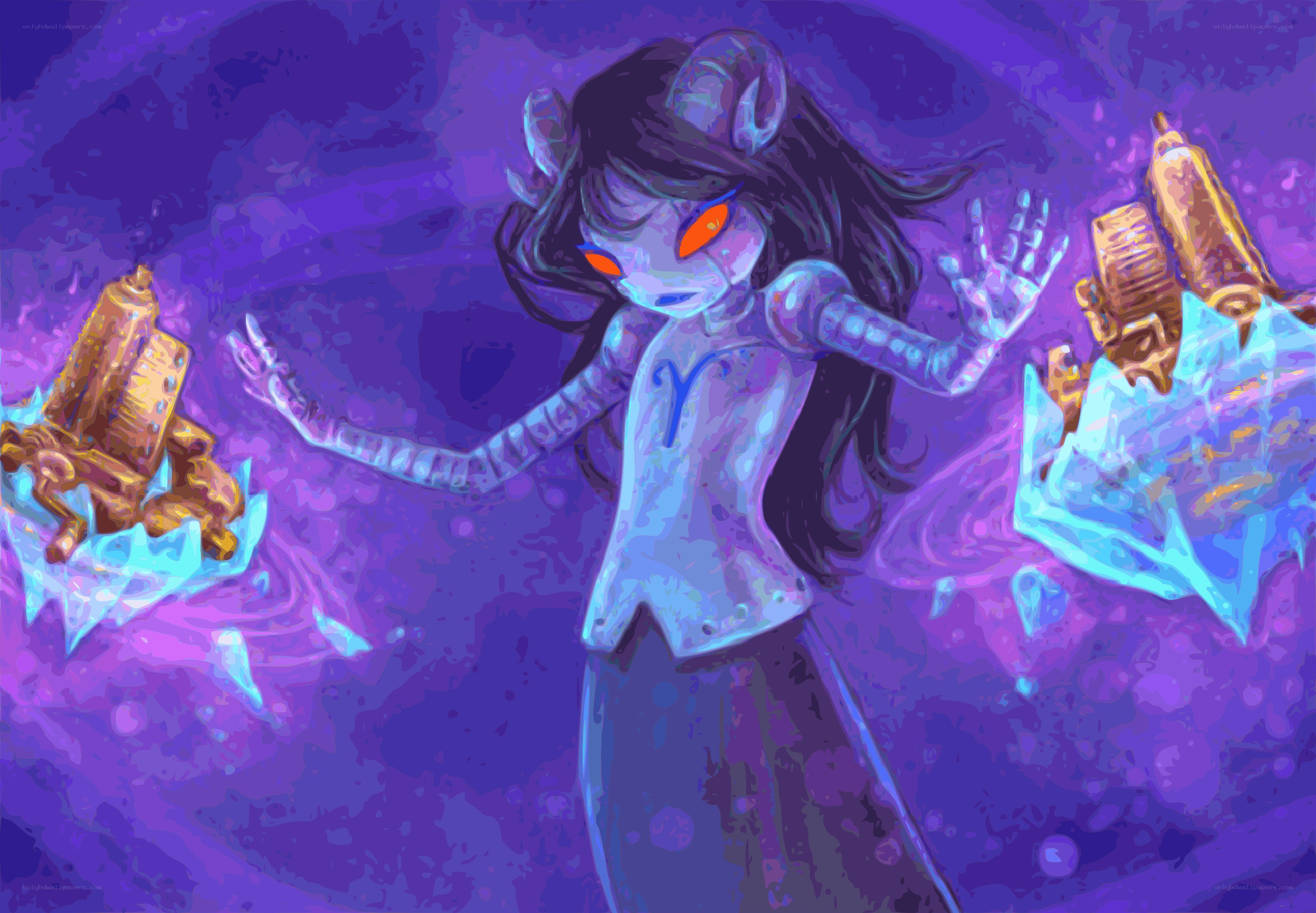 character with glowing eyes and ice magic