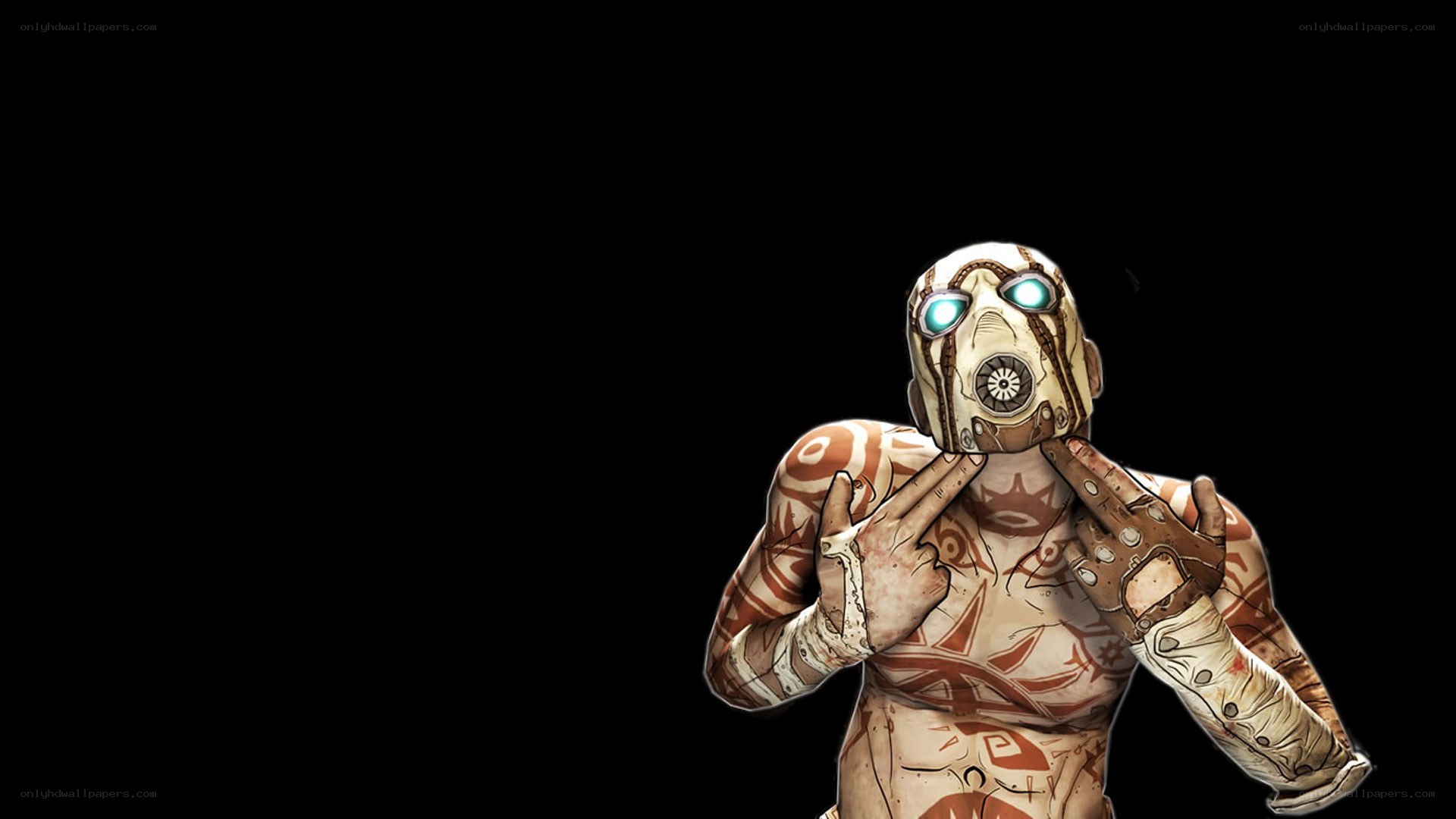 character with glowing eyes and tattoos