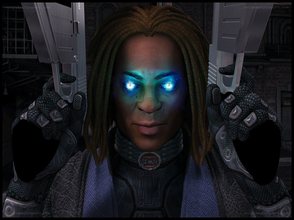 character with glowing eyes holding guns