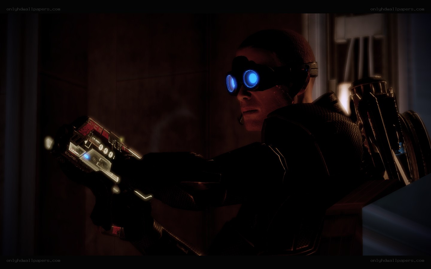 character with glowing goggles