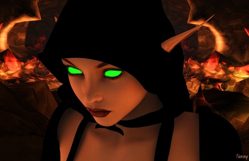 character with glowing green eyes