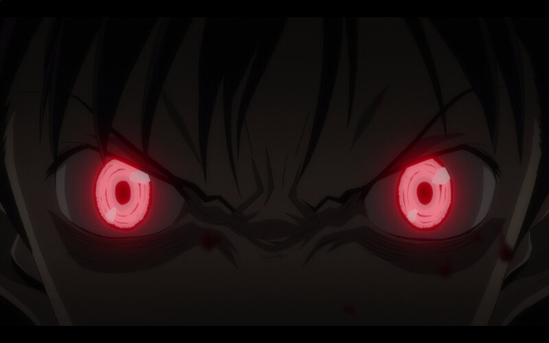 character with glowing red eyes