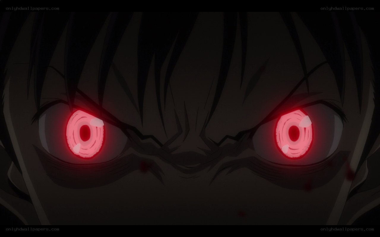 character with glowing red eyes