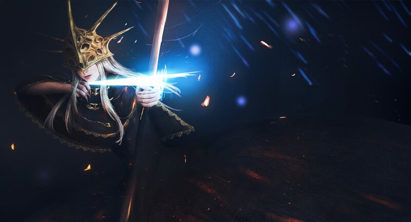 Character with Glowing Sword — Black, Dramatic, Night