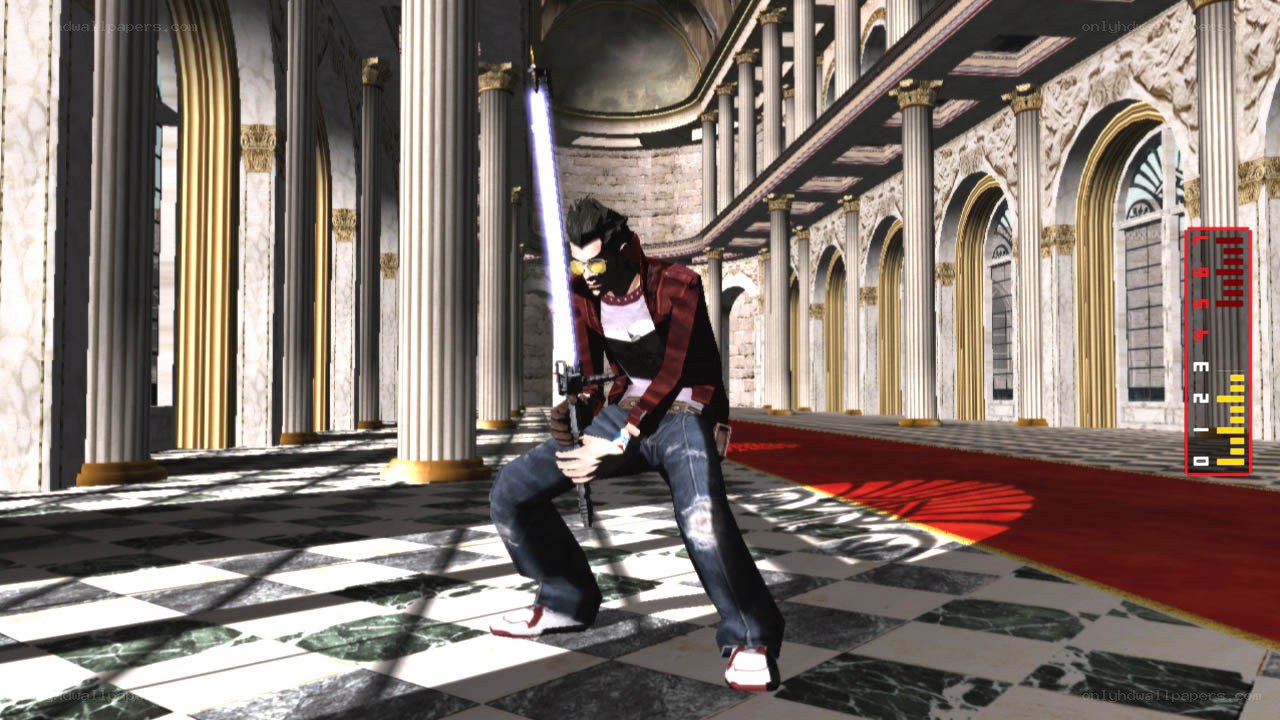 Character with glowing sword in hall