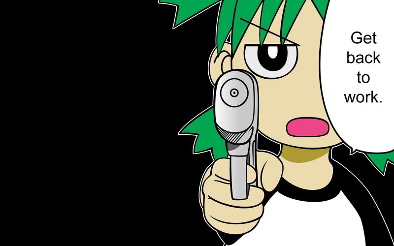 character with gun saying get back to work