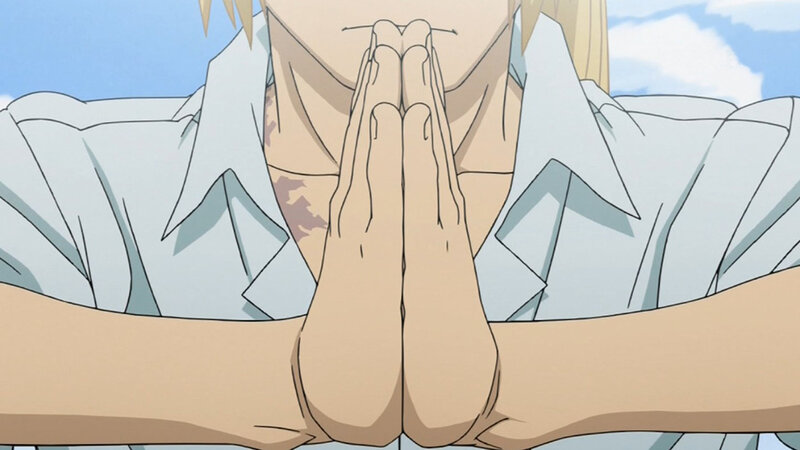 character with hands clasped
