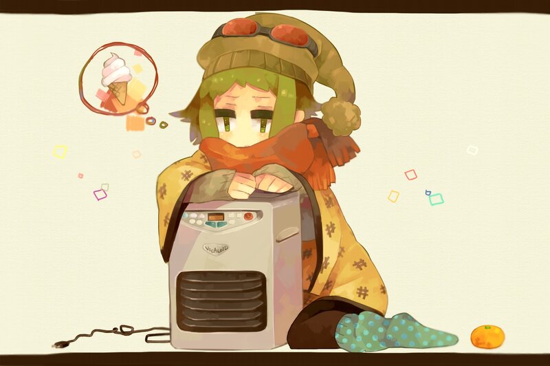 character with heater and ice cream thought