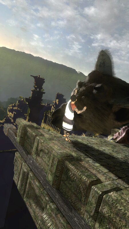 character with large creature on ruins
